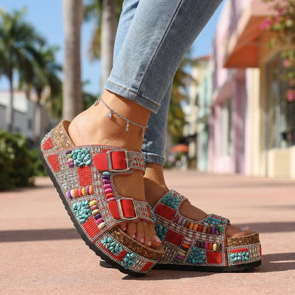 Women's Platform Slides with Beaded Multi-Strap Design