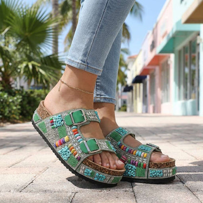 Women's Platform Slides with Beaded Multi-Strap Design