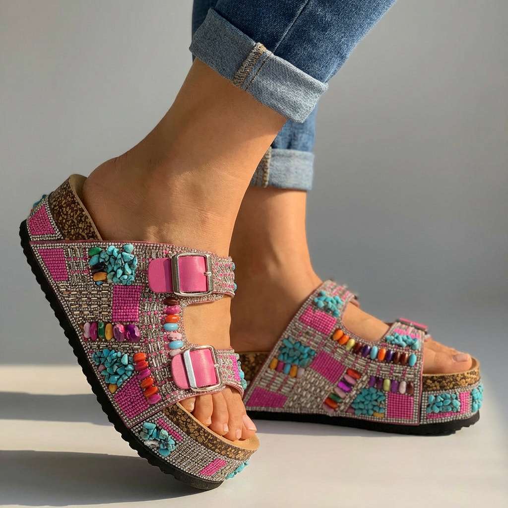 Women's Platform Slides with Beaded Multi-Strap Design