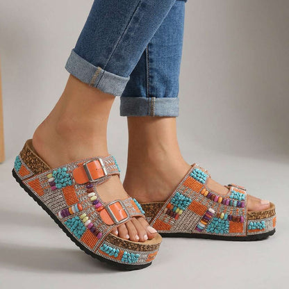 Women's Platform Slides with Beaded Multi-Strap Design