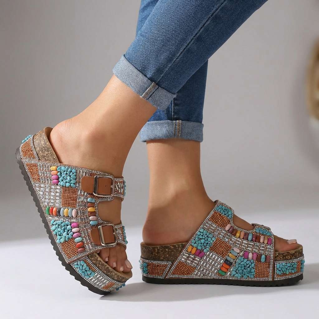 Women's Platform Slides with Beaded Multi-Strap Design