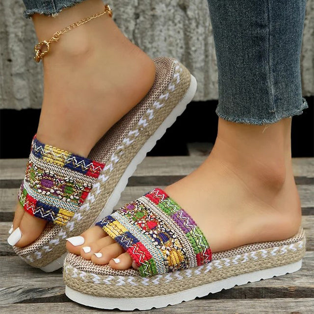 Women's Platform Slippers with Ethnic Style and Breathable Mesh
