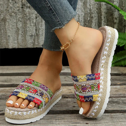 Women's Platform Slippers with Ethnic Style and Breathable Mesh
