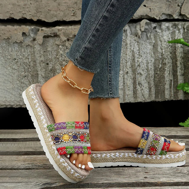 Women's Platform Slippers with Ethnic Style and Breathable Mesh