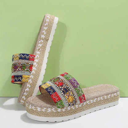 Women's Platform Slippers with Ethnic Style and Breathable Mesh