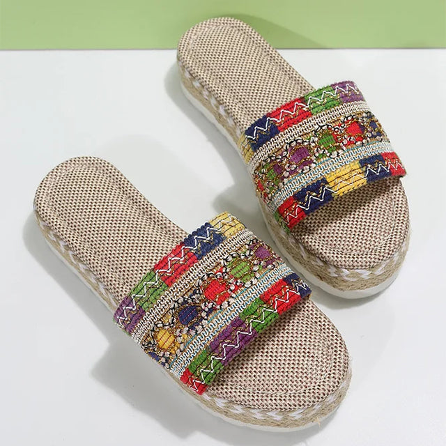 Women's Platform Slippers with Ethnic Style and Breathable Mesh