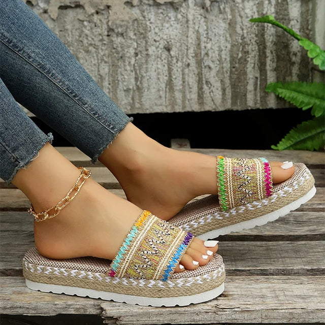 Women's Platform Slippers with Ethnic Style and Breathable Mesh