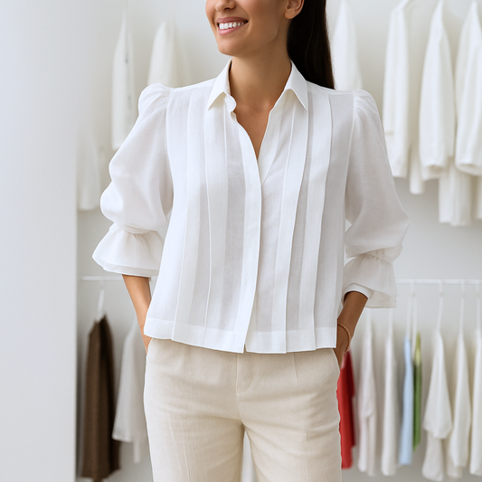 Women's Pleated Blouse with Puff Sleeves and Lapel Collar