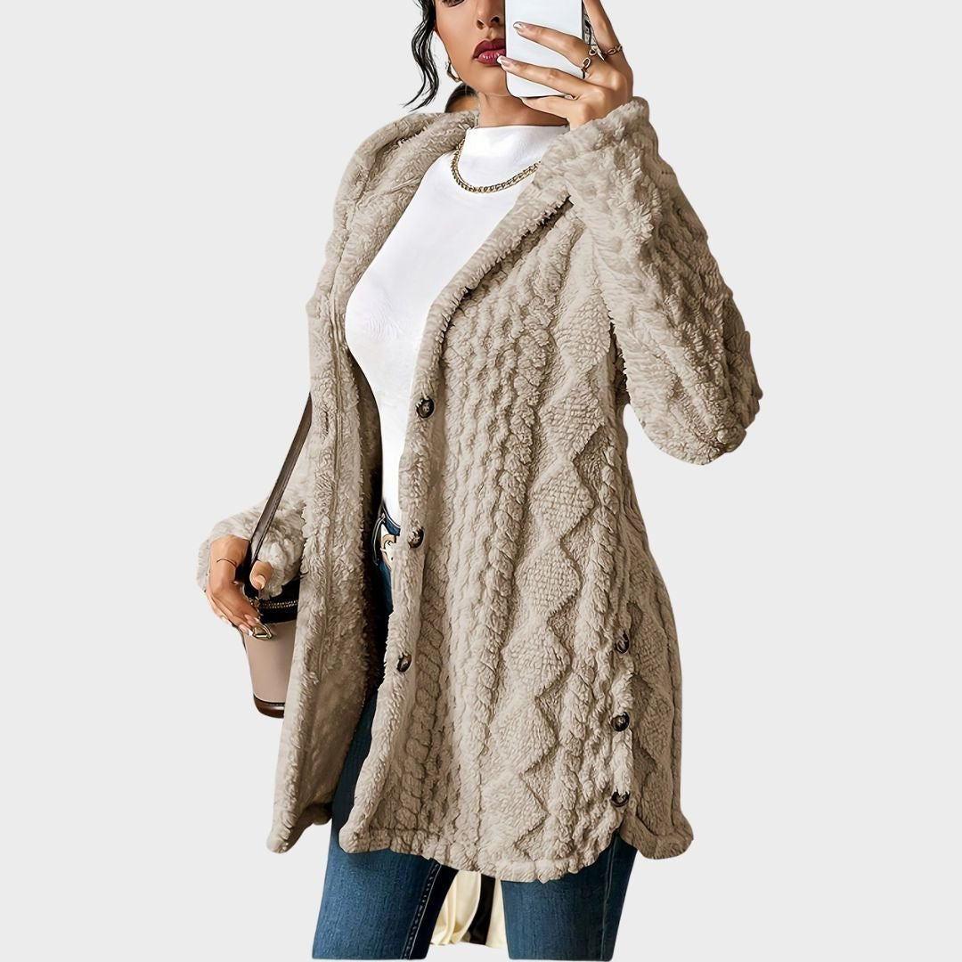 Women's Plush Hooded Long Cardigan with Button Front - Cosy