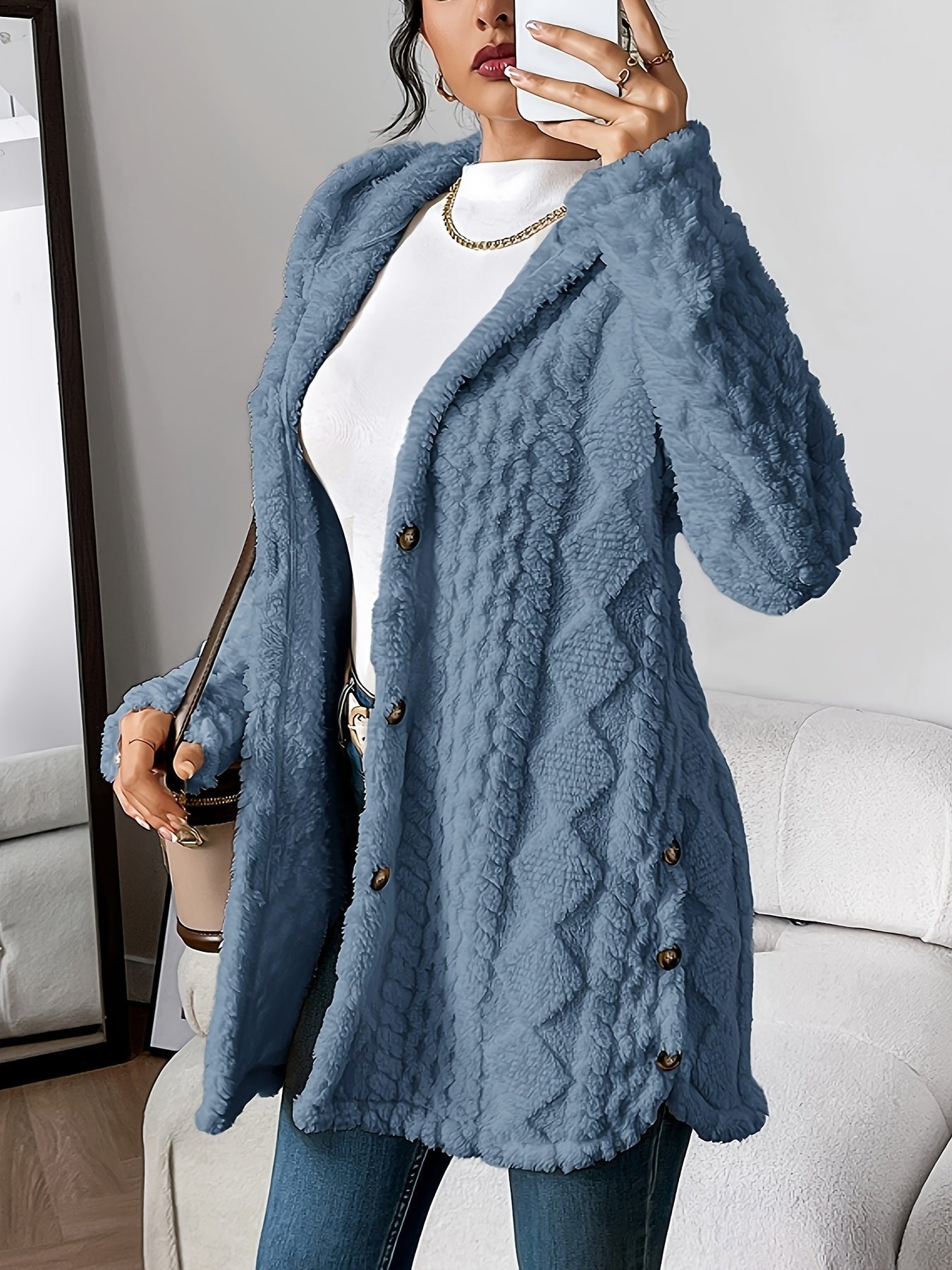 Women's Plush Hooded Long Cardigan with Button Front - Cosy