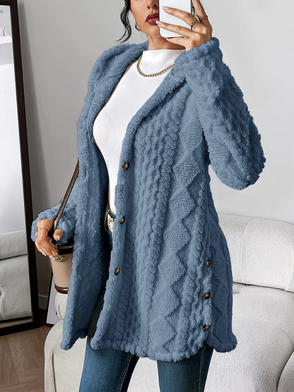 Women's Plush Hooded Long Cardigan with Button Front - Cosy