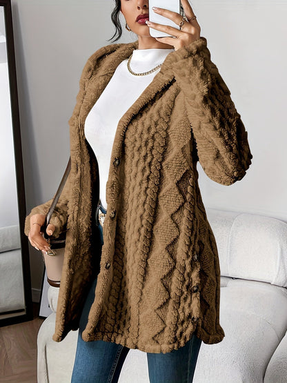 Women's Plush Hooded Long Cardigan with Button Front - Cosy