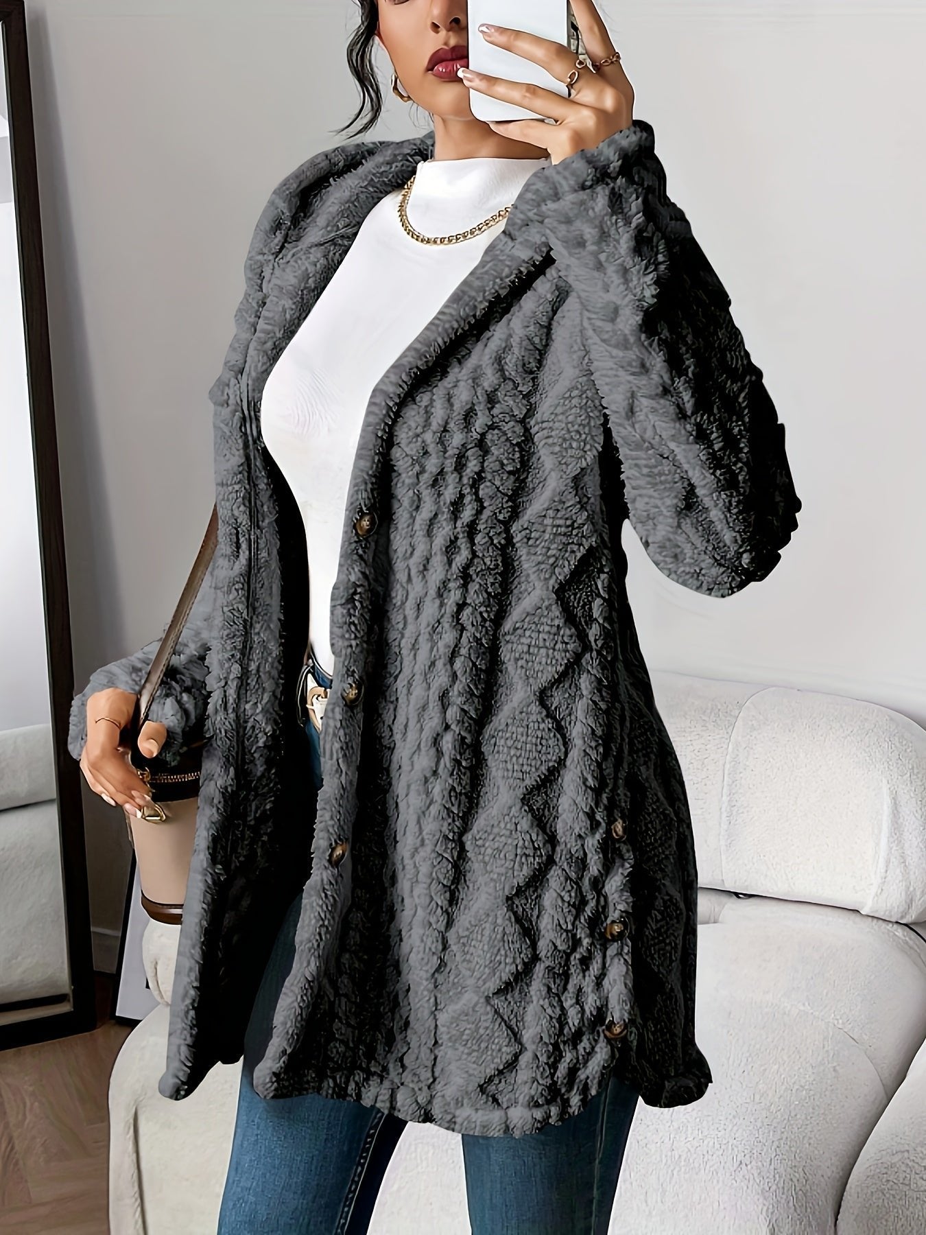 Women's Plush Hooded Long Cardigan with Button Front - Cosy