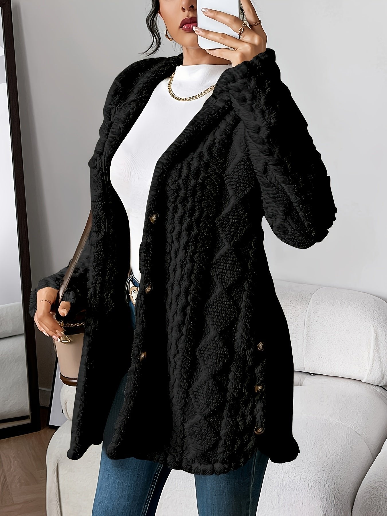 Women's Plush Hooded Long Cardigan with Button Front - Cosy