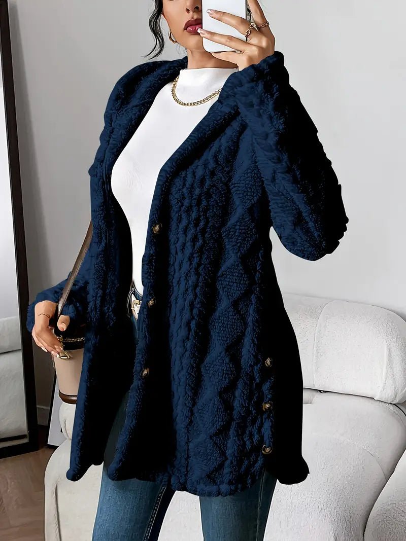 Women's Plush Hooded Long Cardigan with Button Front - Cosy