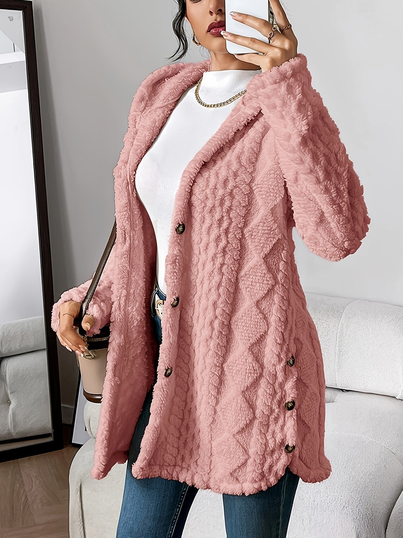 Women's Plush Hooded Long Cardigan with Button Front - Cosy
