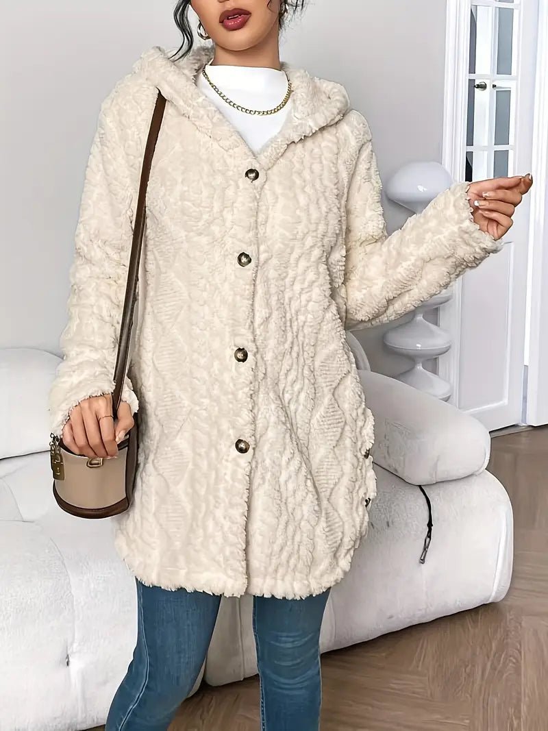 Women's Plush Hooded Long Cardigan with Button Front - Cosy