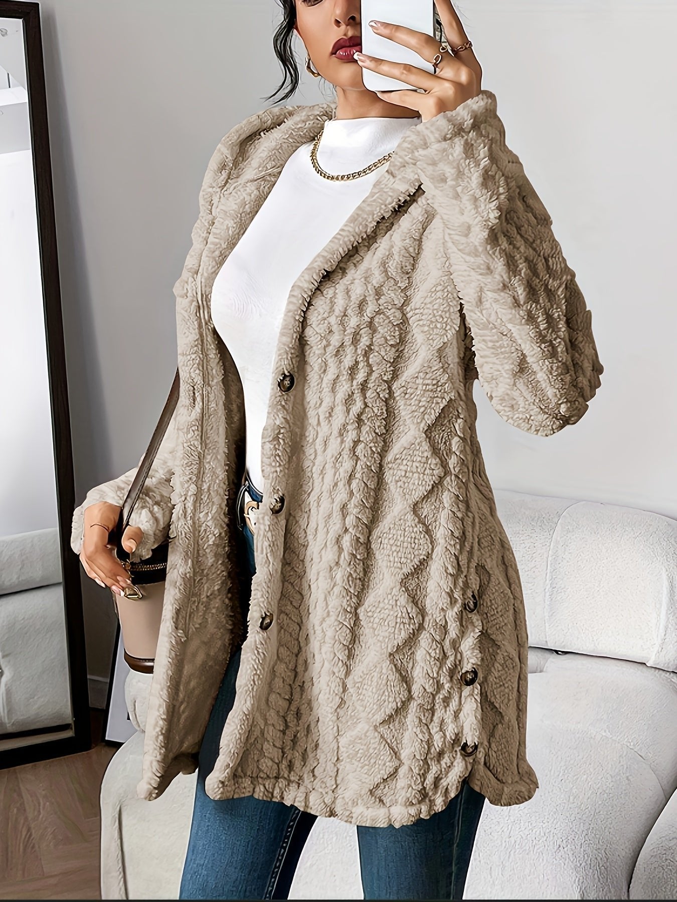 Women's Plush Hooded Long Cardigan with Button Front - Cosy