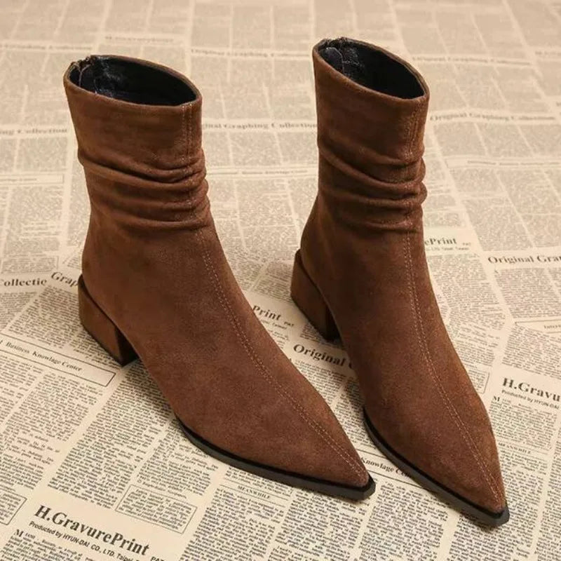 Women's Pointed Toe Ankle Boots with Ruched Detail