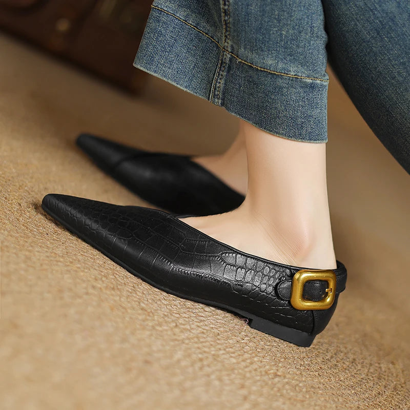 Women's Pointed Toe Flats with Croc-Embossed Texture