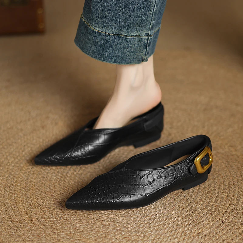Women's Pointed Toe Flats with Croc-Embossed Texture