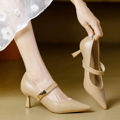Women's Pointed Toe Heeled Sandals with Metal Accent Strap