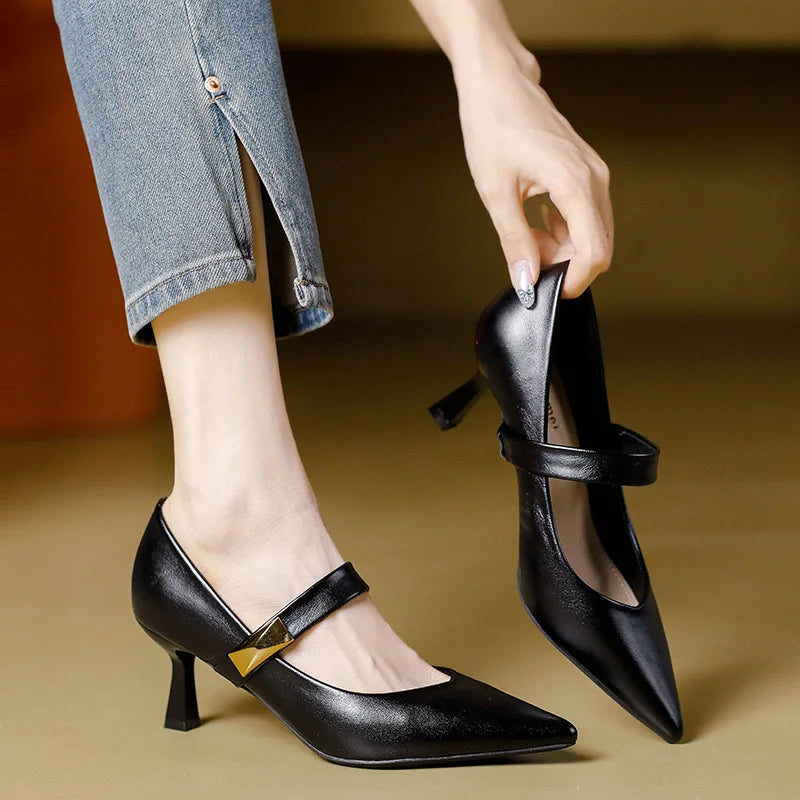 Women's Pointed Toe Heeled Sandals with Metal Accent Strap