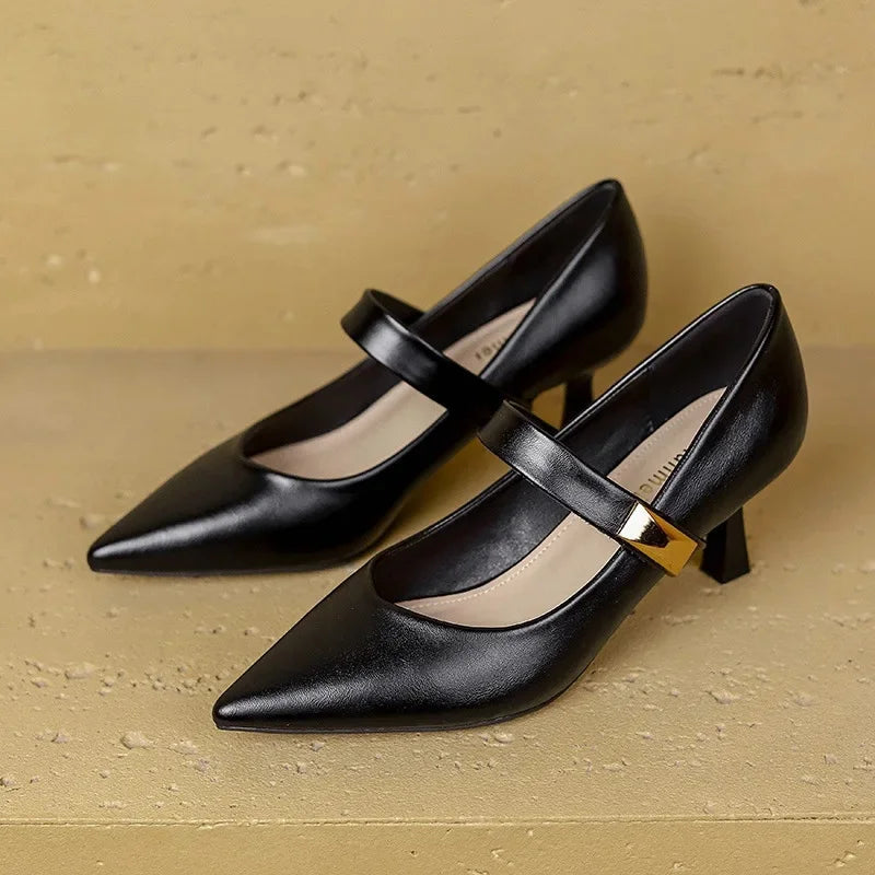 Women's Pointed Toe Heeled Sandals with Metal Accent Strap