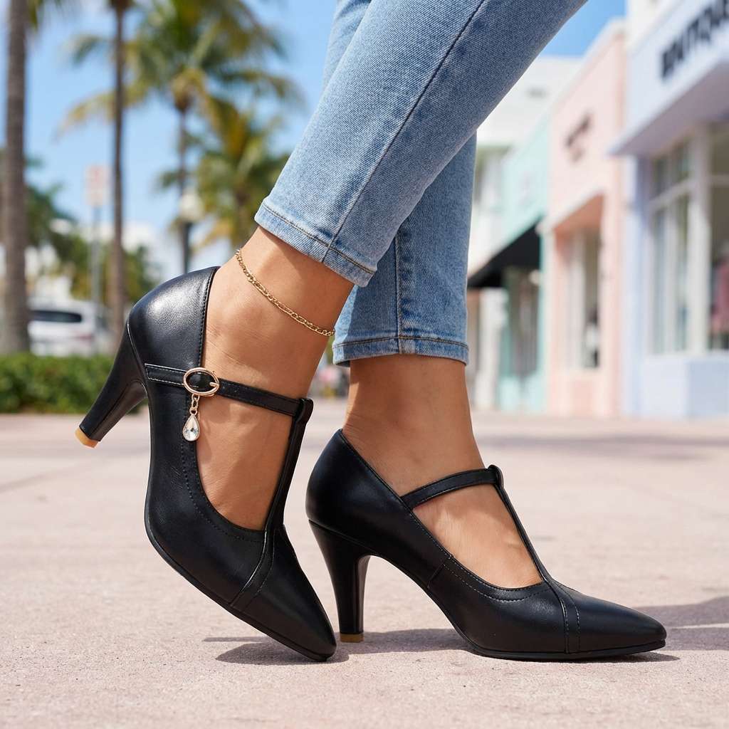 Women's Pointed Toe Mary Jane Heels with Cushioned Insole