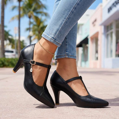 Women's Pointed Toe Mary Jane Heels with Cushioned Insole