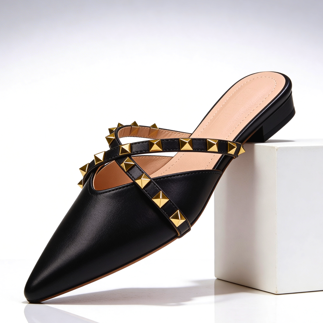 Women's Pointed Toe Mules with Gold Studded Crossover Straps