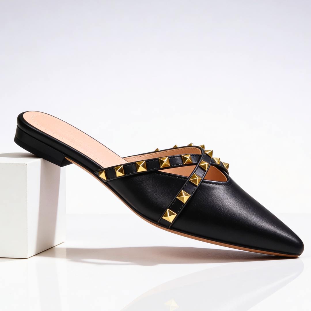 Women's Pointed Toe Mules with Gold Studded Crossover Straps