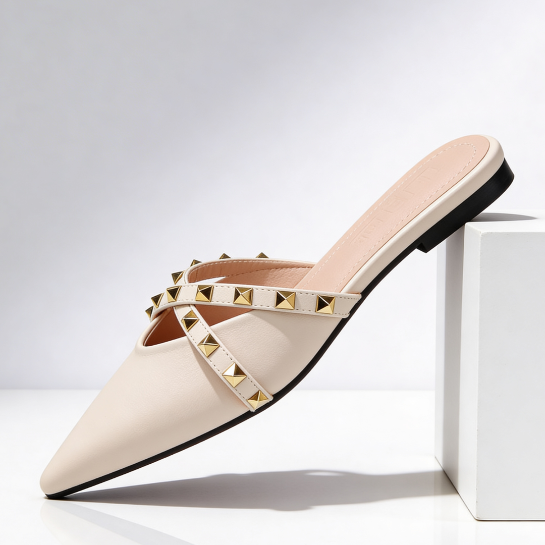 Women's Pointed Toe Mules with Gold Studded Crossover Straps