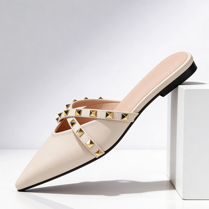 Women's Pointed Toe Mules with Gold Studded Crossover Straps