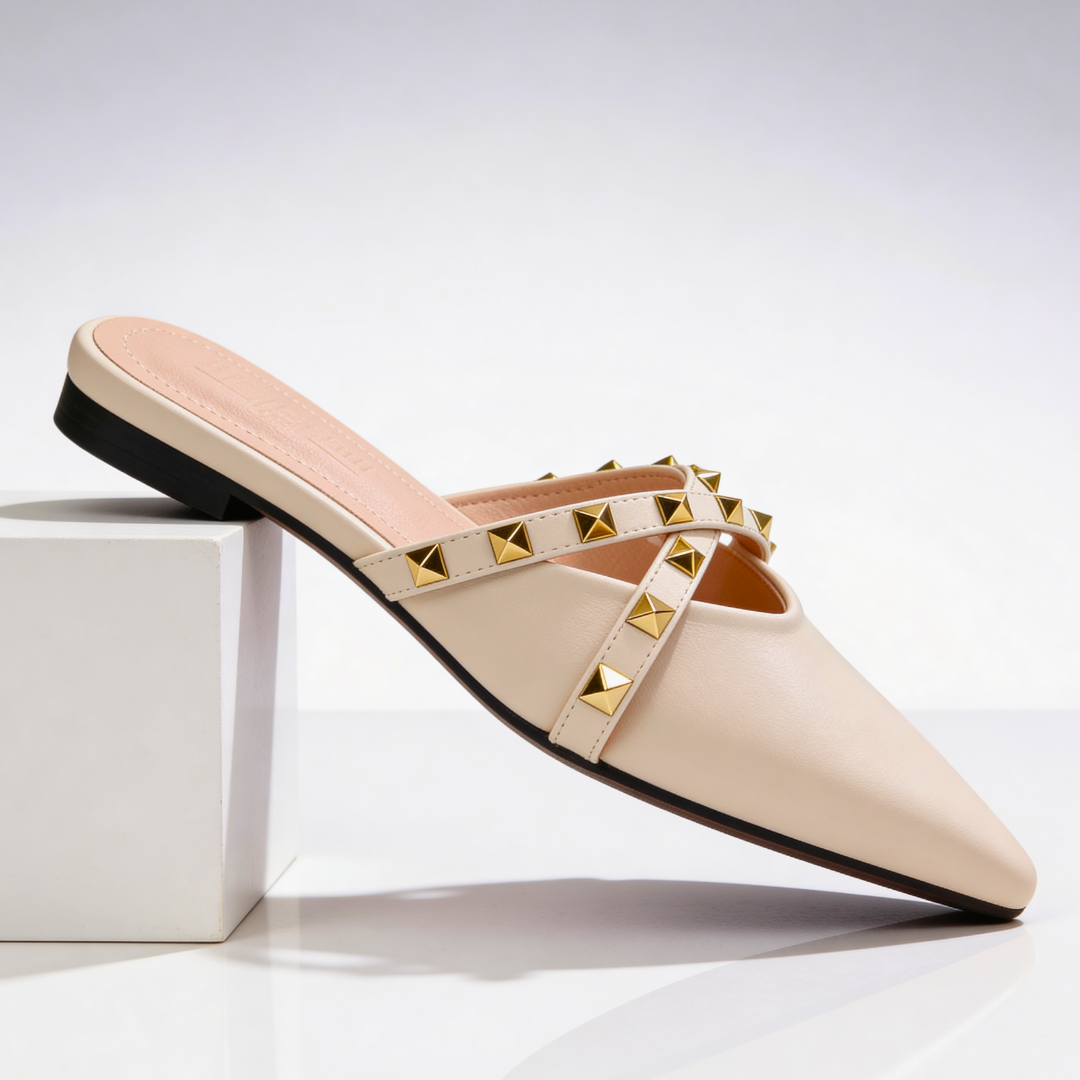 Women's Pointed Toe Mules with Gold Studded Crossover Straps
