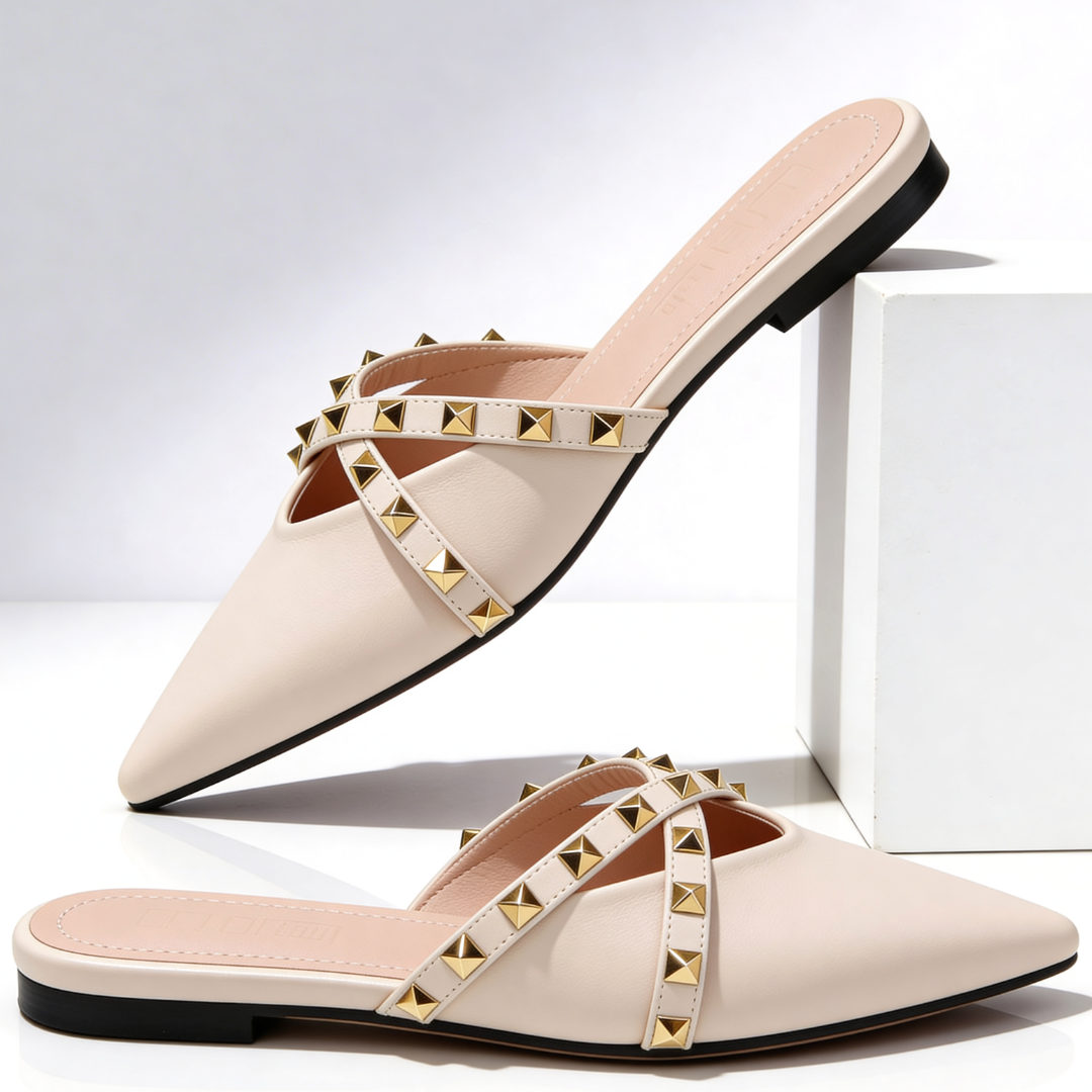Women's Pointed Toe Mules with Gold Studded Crossover Straps