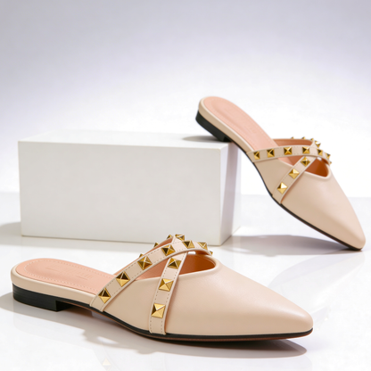 Women's Pointed Toe Mules with Gold Studded Crossover Straps