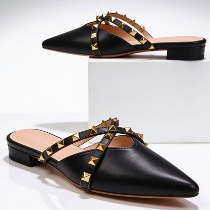 Women's Pointed Toe Mules with Gold Studded Crossover Straps