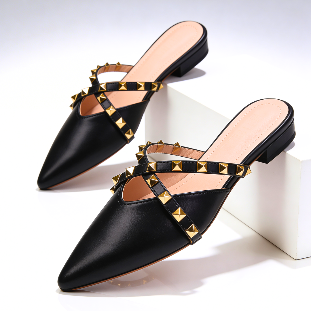 Women's Pointed Toe Mules with Gold Studded Crossover Straps
