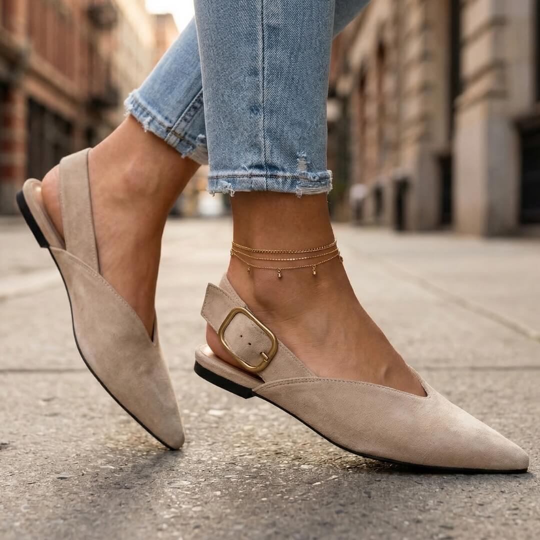 Women's Pointed Toe Slingback Flats with Adjustable Strap