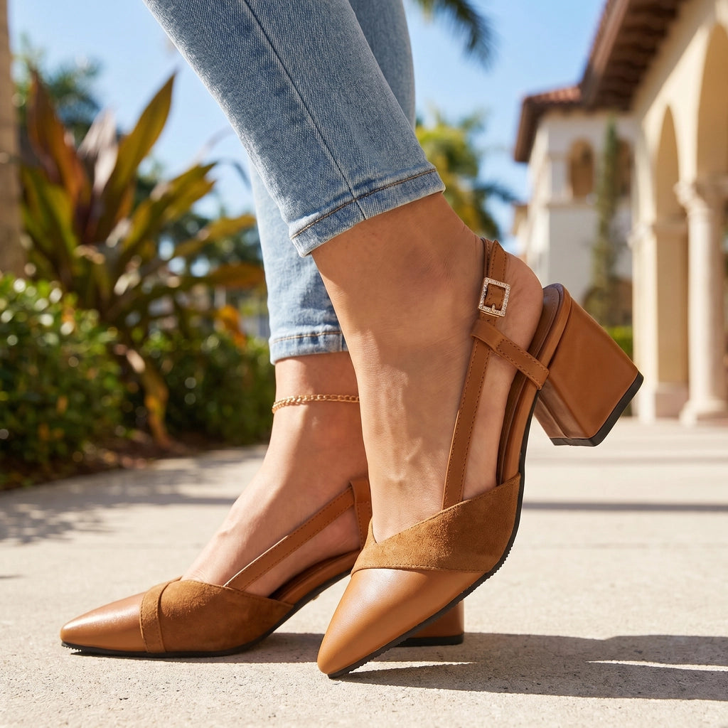 Women's Pointed Toe Slingback Heels with Block Heel