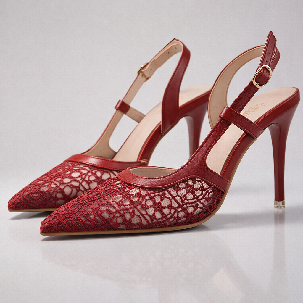 Women's Pointed Toe Slingback Heels with Lace Trim