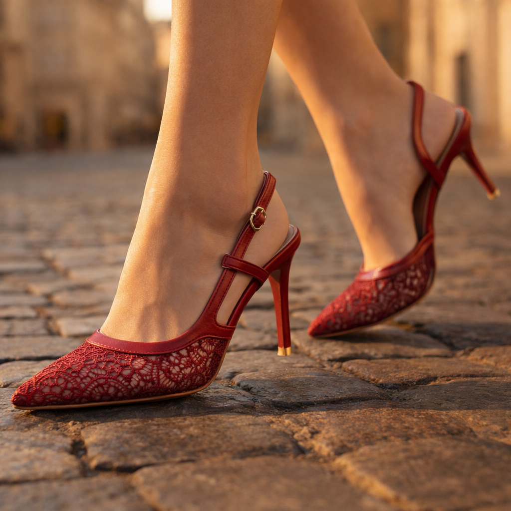 Women's Pointed Toe Slingback Heels with Lace Trim