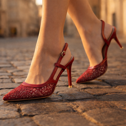 Women's Pointed Toe Slingback Heels with Lace Trim