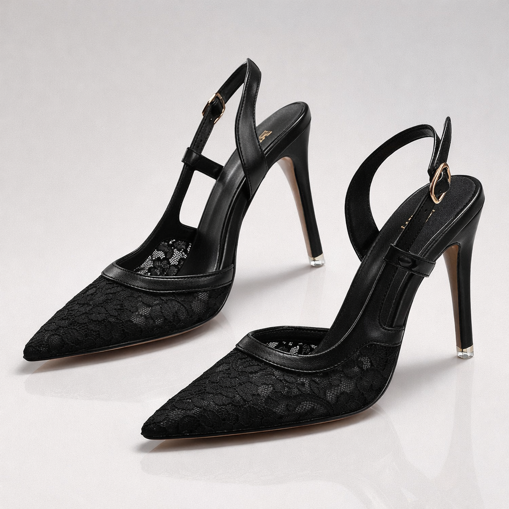 Women's Pointed Toe Slingback Heels with Lace Trim