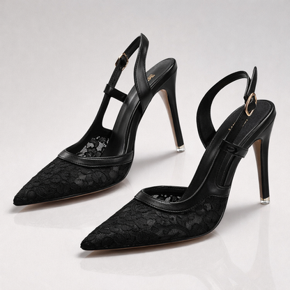 Women's Pointed Toe Slingback Heels with Lace Trim