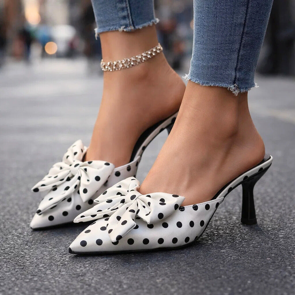 Women's Polka Dot Slingback Kitten Heels with Bow