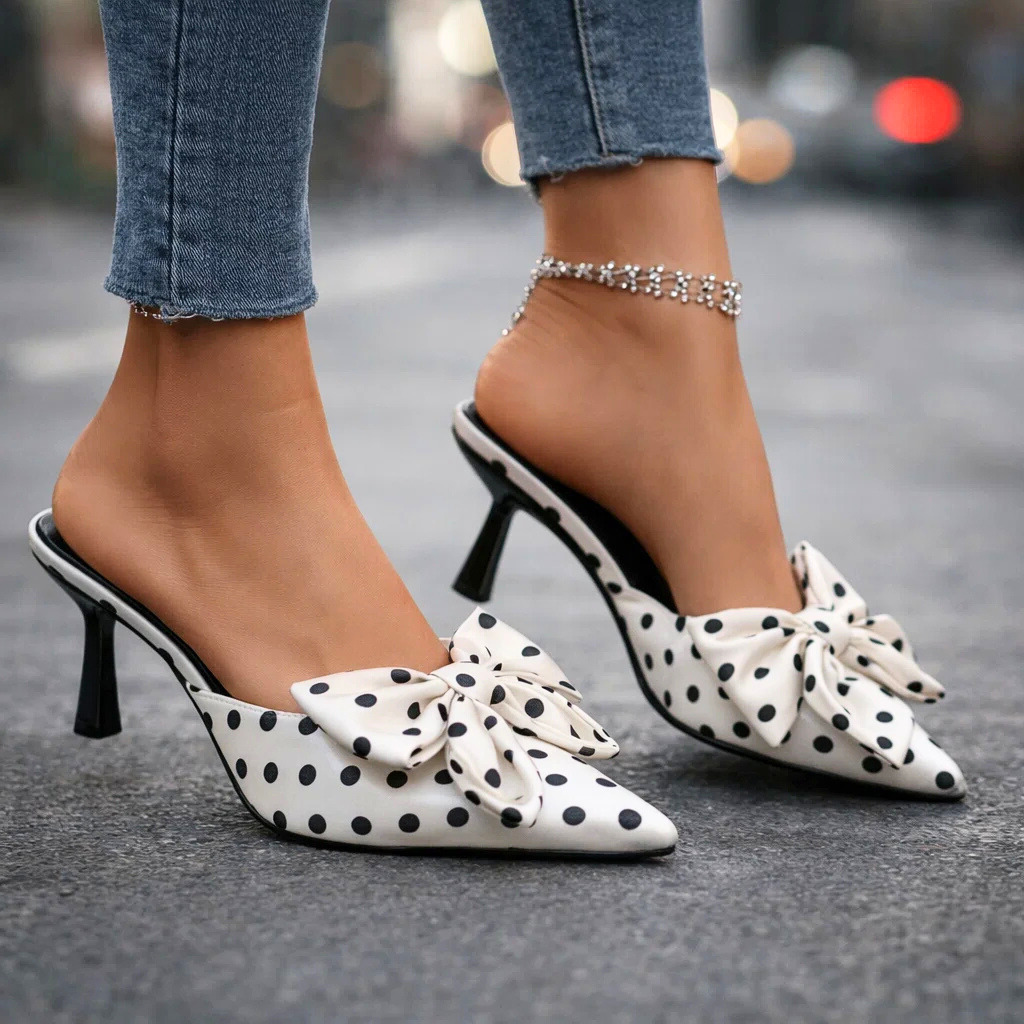Women's Polka Dot Slingback Kitten Heels with Bow