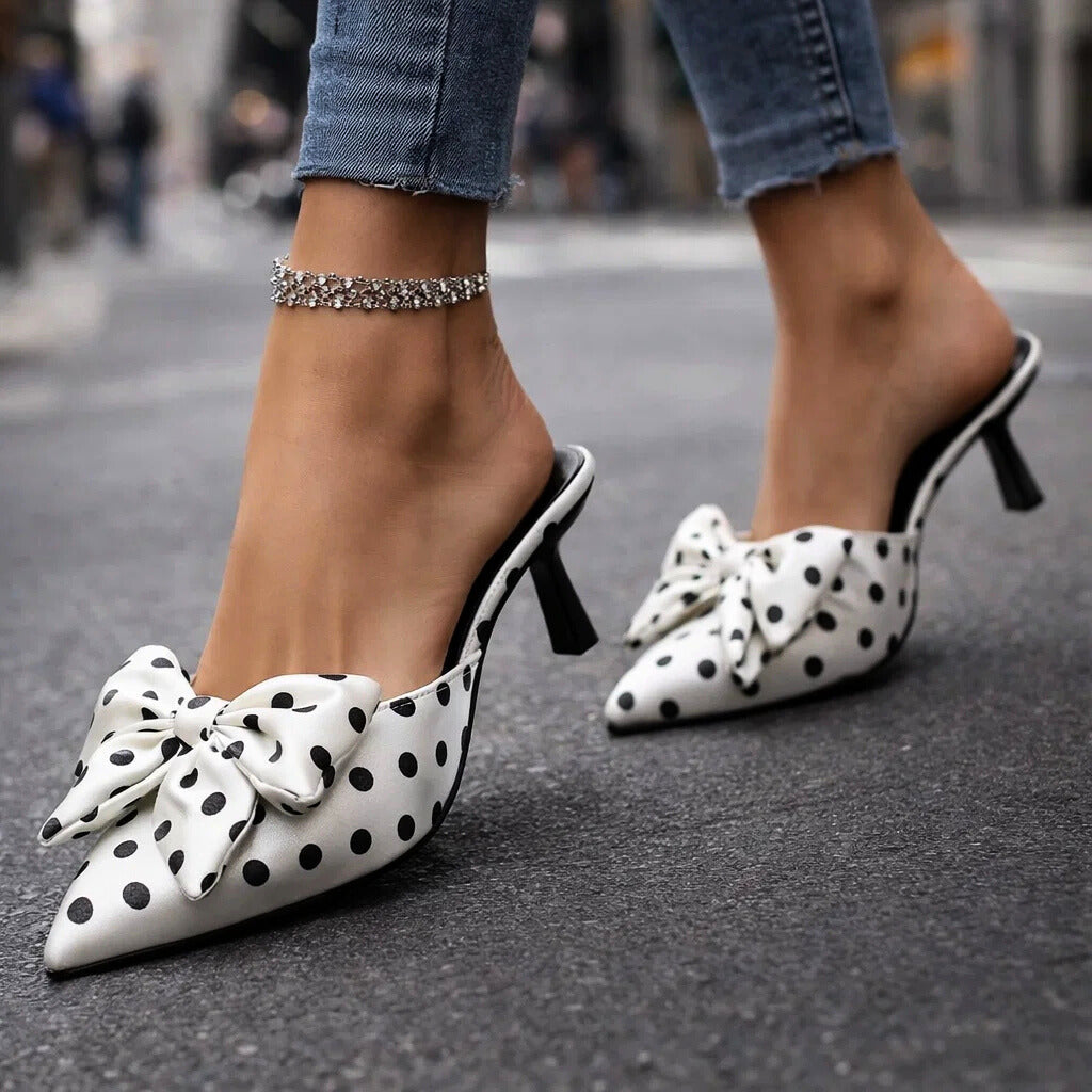 Women's Polka Dot Slingback Kitten Heels with Bow