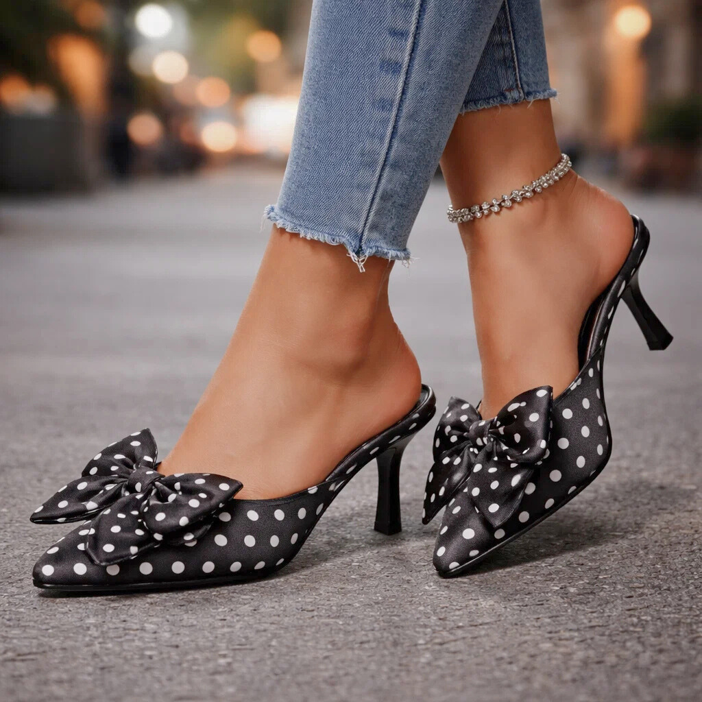 Women's Polka Dot Slingback Kitten Heels with Bow